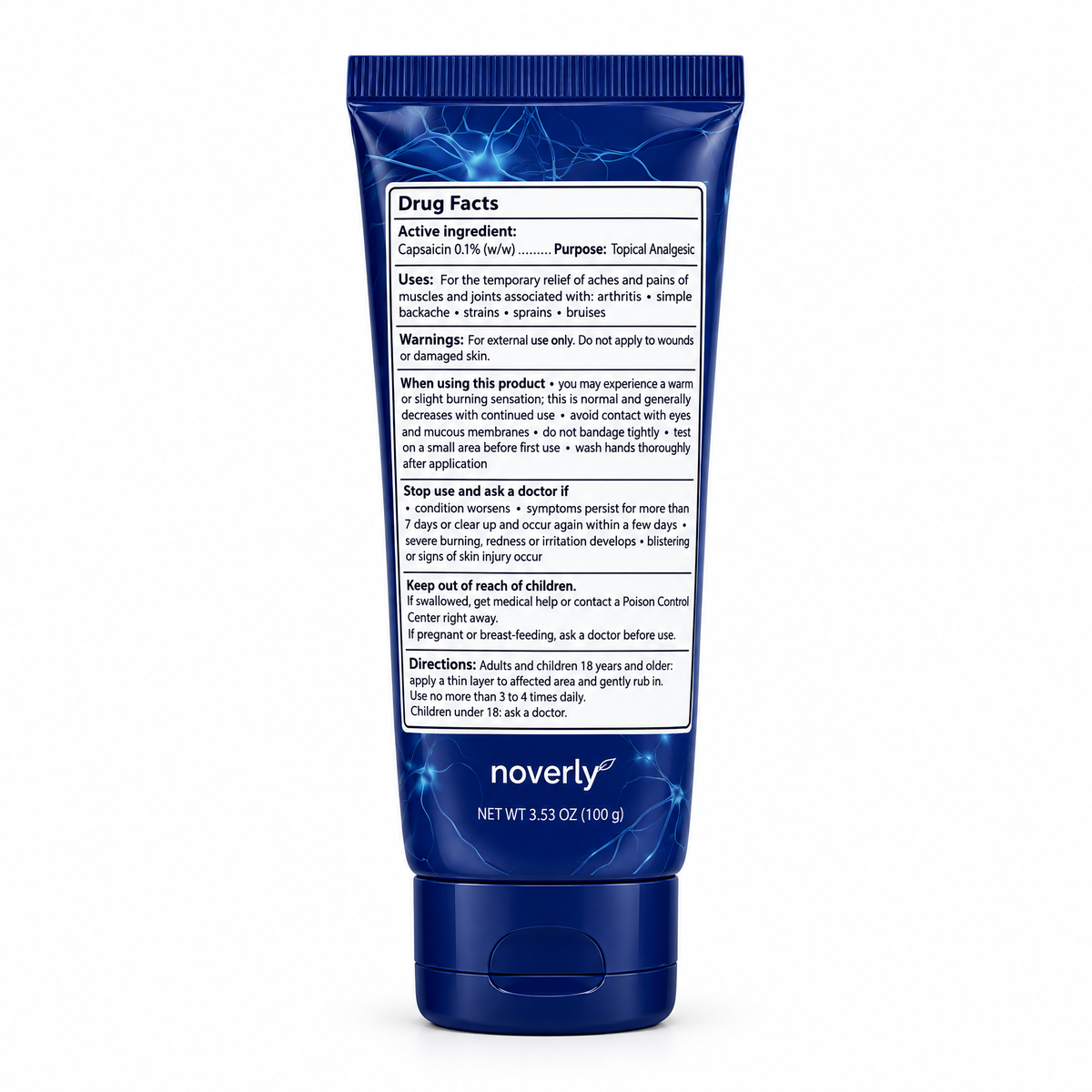 Noverly Capsaicin Neuropathy Relief Cream Drug Facts, back