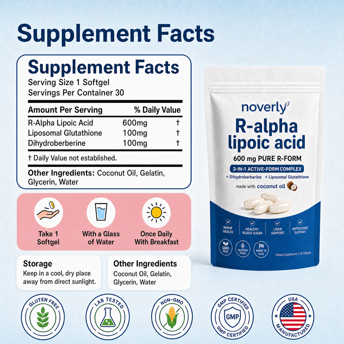 Supplement Facts - R-Alpha Lipoic Acid 600mg, Liposomal Glutathione 100mg, Dihydroberberine 100mg