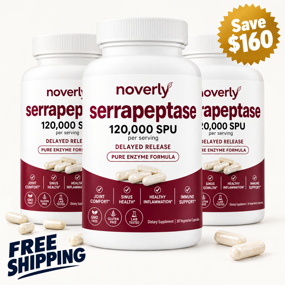 Noverly Serrapeptase 120,000 SPU 3-pack - Save on 90-day supply