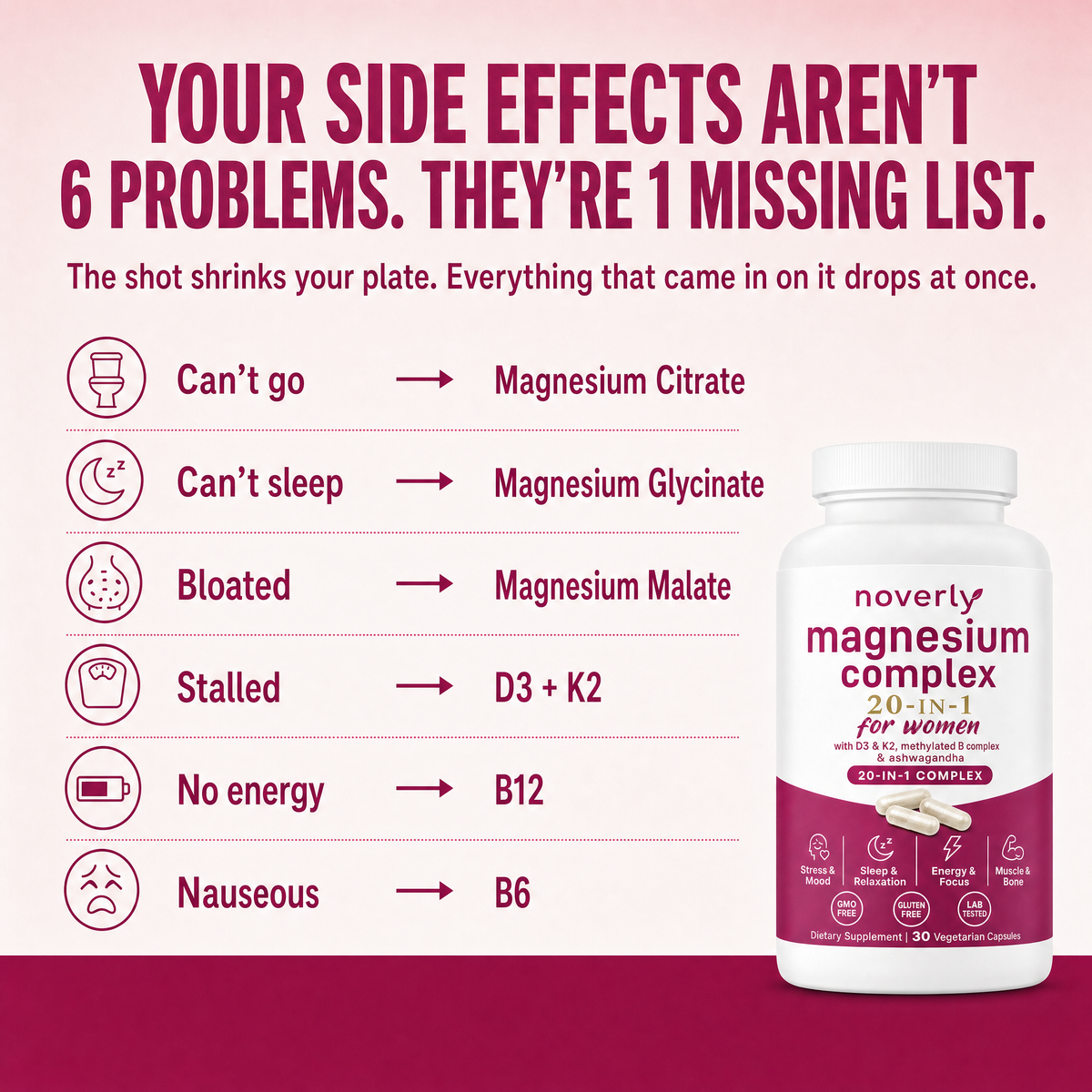 Your side effects aren't 6 problems. They're 1 missing list.
